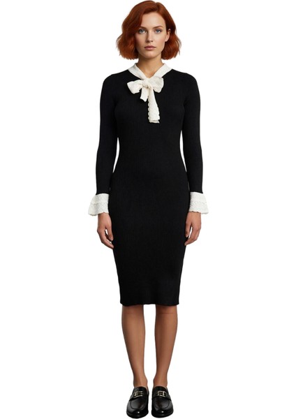 Kadın Bodycon Kesim Bebe Yaka Bağlama Detaylı Midi Boy Uzun Kollu Şık Akrilik Triko Elbise modelleri