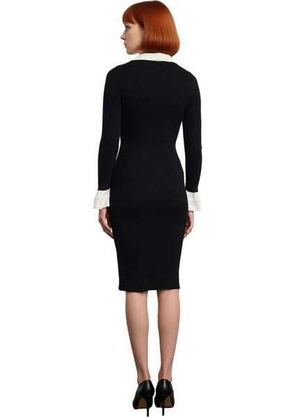 Kadın Bodycon Kesim Bebe Yaka Bağlama Detaylı Midi Boy Uzun Kollu Şık Akrilik Triko Elbise fırsatları