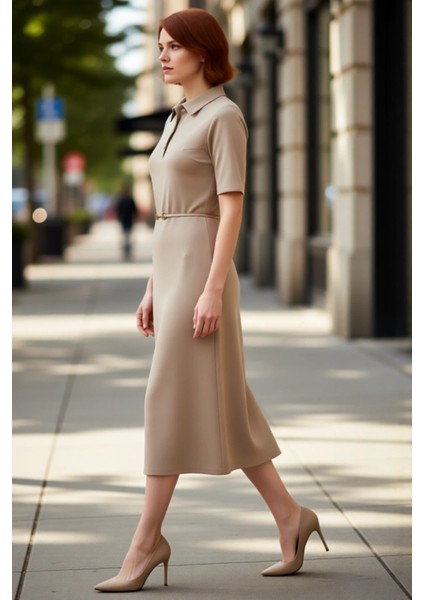 Kadın A Line Kesim Kısa Kollu Polo Yaka Kemerli Midi Elbise Yarım Pat Düğmeli Interlok Dokuma