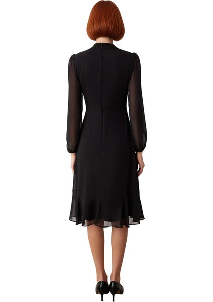 Kadın Şık A Kesim Uzun Balon Kollu Dik Yaka Midi Boy Şifon Dokuma Astarlı Düz Elbise Kaliteli fırsatları