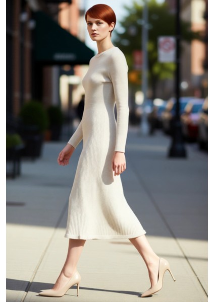 Kadınlar Için Akrilik Triko Midi Elbise Bisiklet Yaka Uzun Kollu Düz Desen Günlük Şık Tasarım