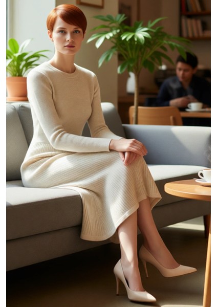 Kadınlar Için Akrilik Triko Midi Elbise Bisiklet Yaka Uzun Kollu Düz Desen Günlük Şık Tasarım fiyatları