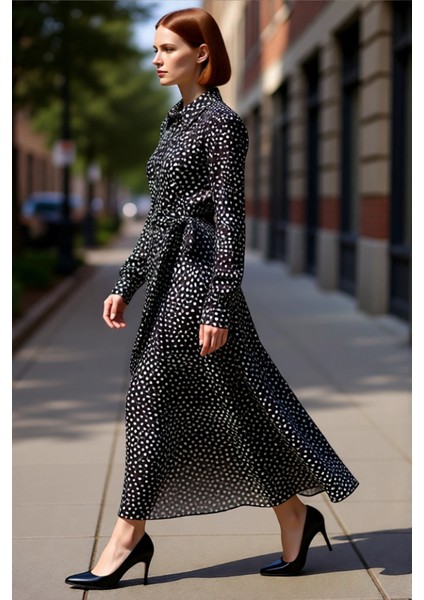 Kadın Puantiyeli Gömlek Yaka Maxi Boy Uzun Kol Skater Kesim Dokuma Viskoz Rahat Günlük Elbise