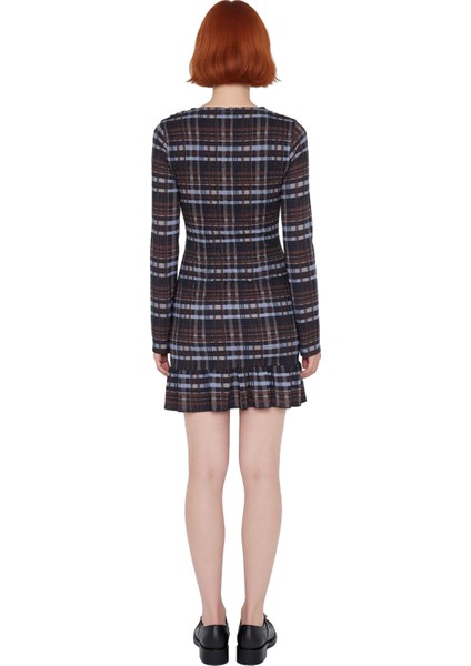 Kadın Fashion Forward Ekose Kareli Bodycon Kalıp Örme Uzun Kollu Mini Elbise Kışlık Koleksiyon modelleri