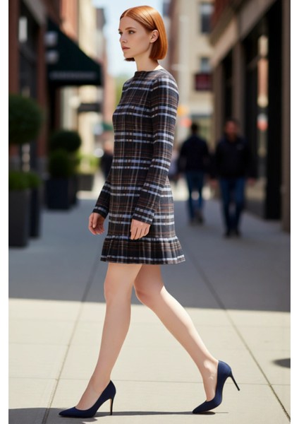 Kadın Fashion Forward Ekose Kareli Bodycon Kalıp Örme Uzun Kollu Mini Elbise Kışlık Koleksiyon fırsatları