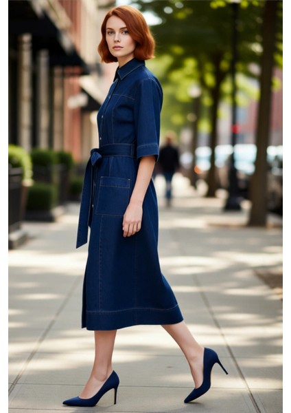 Kadınlar Için Basic Siluet Kemerli Mavi Denim %100 Pamuk Maxi Elbise Rahat Standart Kol Tasarım fırsatları