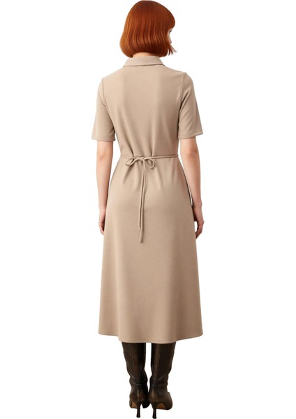 Kadın A Line Kesim Kısa Kollu Polo Yaka Kemerli Midi Elbise Yarım Pat Düğmeli Interlok Dokuma fırsatları