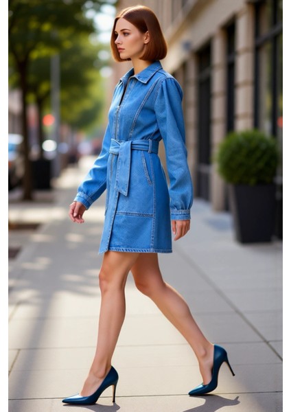 Kadın Ceket Kalıp Kuşaklı Fermuar Detaylı Balon Kol Uzun Kollu Denim Mini Elbise Şık ve Konforlu