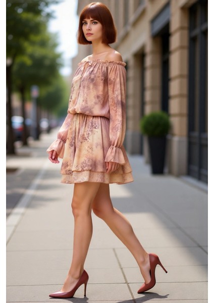 Kadın Soyut Desenli Carmen Yaka Bağlama Detaylı Balon Kol Fırfırlı Astarlı Skater Mini Elbise