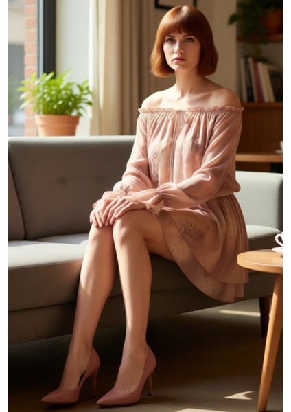 Kadın Soyut Desenli Carmen Yaka Bağlama Detaylı Balon Kol Fırfırlı Astarlı Skater Mini Elbise fiyatları