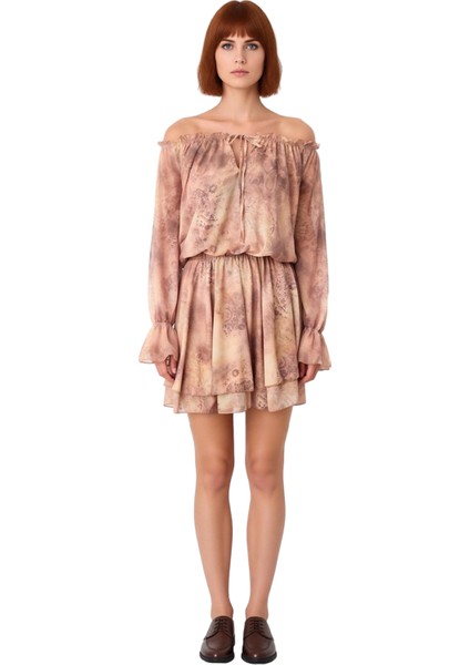 Kadın Soyut Desenli Carmen Yaka Bağlama Detaylı Balon Kol Fırfırlı Astarlı Skater Mini Elbise modelleri