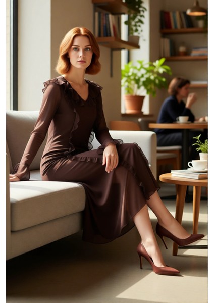 Kadın A Kesim Fırfırlı Maxi Elbise V Yaka Uzun Kollu Astarlı Tül Kumaş Detaylı Günlük Şıklık fiyatları