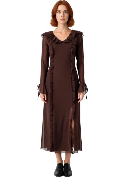 Kadın A Kesim Fırfırlı Maxi Elbise V Yaka Uzun Kollu Astarlı Tül Kumaş Detaylı Günlük Şıklık modelleri