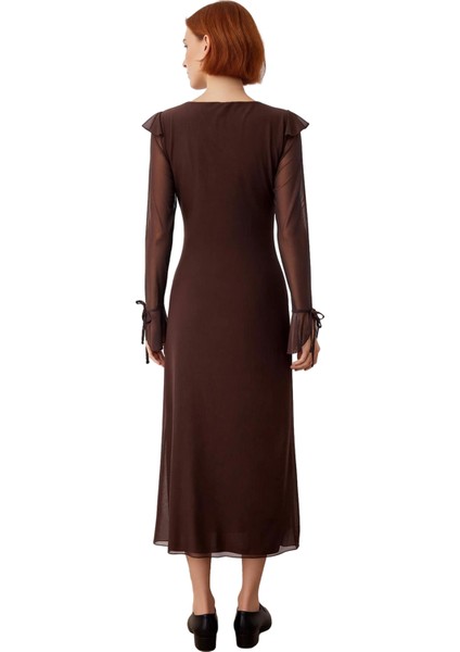 Kadın A Kesim Fırfırlı Maxi Elbise V Yaka Uzun Kollu Astarlı Tül Kumaş Detaylı Günlük Şıklık fırsatları