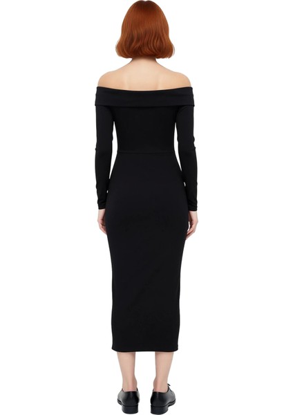 Kadın Siyah Bodycon Maxi Elbise Carmen Yaka Düşük Kol Kışlık Düz Örme Şıklığı Sunar Kaliteli fırsatları