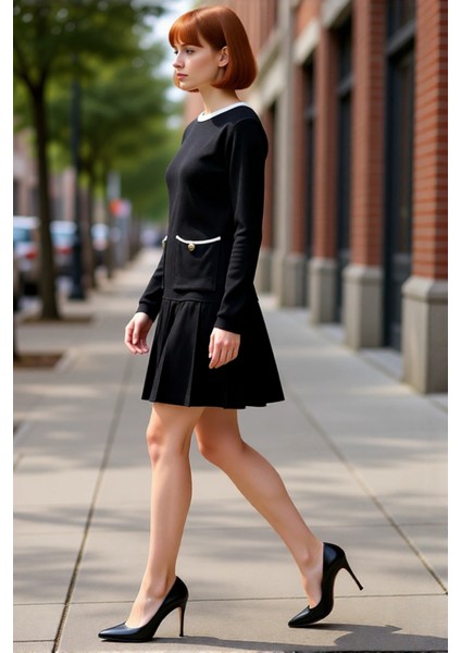 Kadın Siyah Renk Bloklu Bisiklet Yaka Uzun Kollu Skater Kalıp Süper Mini Triko Elbise Kaliteli