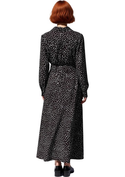 Kadın Puantiyeli Gömlek Yaka Maxi Boy Uzun Kol Skater Kesim Dokuma Viskoz Rahat Günlük Elbise fırsatları