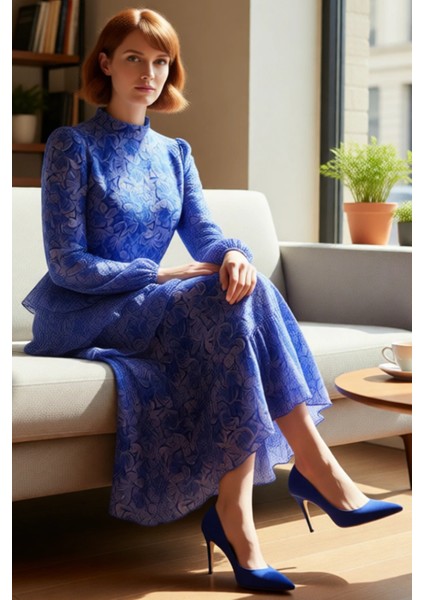 Kadın Çiçekli Balon Kol Maxi Boy Eteği Fırfırlı Astarlı Dokuma Şifon Elbise Şık Davetler Için fiyatları