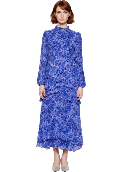 Kadın Çiçekli Balon Kol Maxi Boy Eteği Fırfırlı Astarlı Dokuma Şifon Elbise Şık Davetler Için modelleri