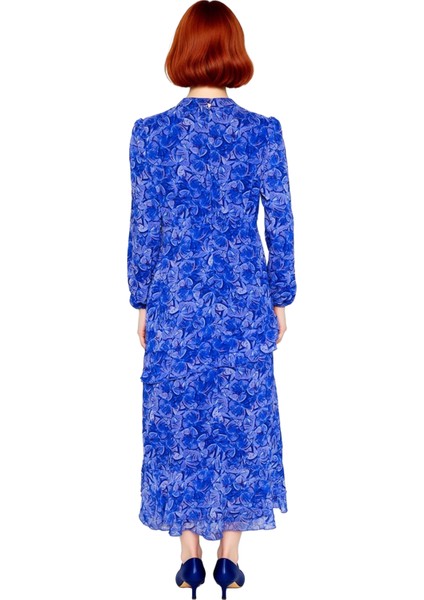 Kadın Çiçekli Balon Kol Maxi Boy Eteği Fırfırlı Astarlı Dokuma Şifon Elbise Şık Davetler Için fırsatları