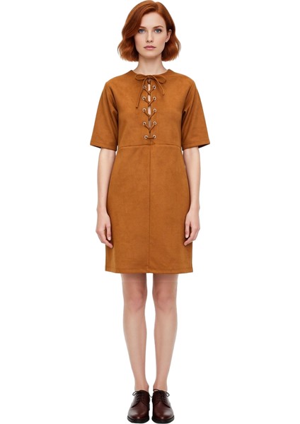 Kadınlar Için A Line Kesim Bağlama Detaylı Süet Dokulu Bisiklet Yaka Kısa Mini Elbise Şıklığı modelleri