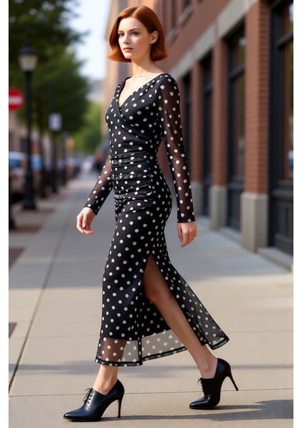 Kadın Puantiyeli Tül Örme Maxi Elbise Bodycon Kesimi V Yaka Uzun Kollu Şık Gece ve Gündüz Stili