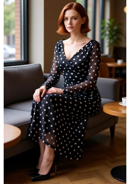 Kadın Puantiyeli Tül Örme Maxi Elbise Bodycon Kesimi V Yaka Uzun Kollu Şık Gece ve Gündüz Stili fiyatları