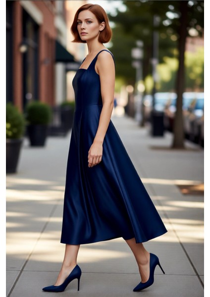 Kadın Skater Kalıp Midi Boy Saten Dokuma Kare Yaka Kokteyl Şık Mezuniyet Elbisesi Kalın Askılı