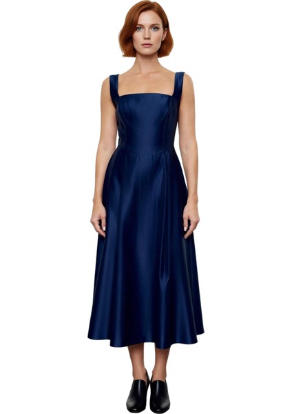 Kadın Skater Kalıp Midi Boy Saten Dokuma Kare Yaka Kokteyl Şık Mezuniyet Elbisesi Kalın Askılı modelleri