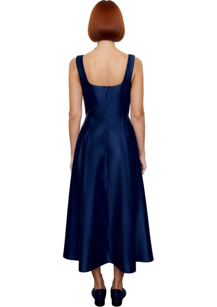 Kadın Skater Kalıp Midi Boy Saten Dokuma Kare Yaka Kokteyl Şık Mezuniyet Elbisesi Kalın Askılı fırsatları