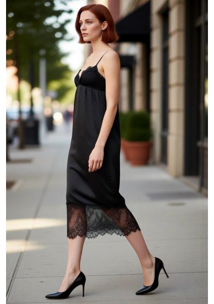 Kadın Siyah Shift Kalıp Midi Boy Dantel Detaylı Saten Elbise Şık Gece Kombinleri Için Ideal Seçim