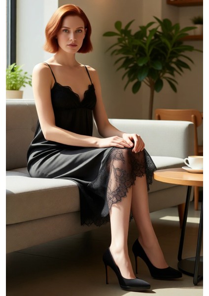 Kadın Siyah Shift Kalıp Midi Boy Dantel Detaylı Saten Elbise Şık Gece Kombinleri Için Ideal Seçim fiyatları