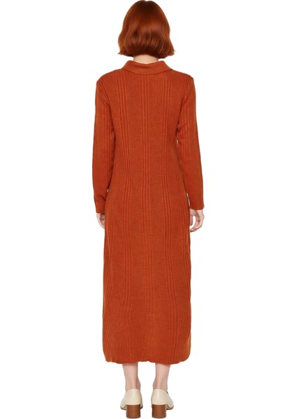 Kadın A Line Maxi Triko Elbise Polo Yaka Uzun Kollu Ribana Düz Desen Yarım Patlı Rahat Günlük Kış fırsatları