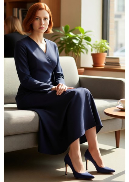 Kadın Lacivert Kruvaze Yaka Anvelop Maxi Elbise Yandan Bağlama Detaylı Dokuma Kumaş Uzun Kollu Şık fiyatları