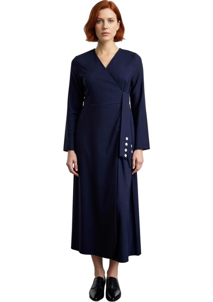 Kadın Lacivert Kruvaze Yaka Anvelop Maxi Elbise Yandan Bağlama Detaylı Dokuma Kumaş Uzun Kollu Şık modelleri