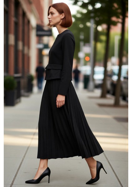 Kadınlar Için Siyah Maxi Piliseli Fermuar Detaylı Dokuma Elbise Iş ve Ofis Şıklığı Sunar Kaliteli