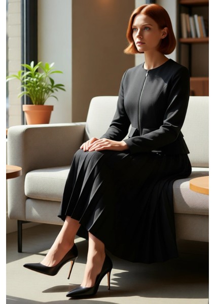 Kadınlar Için Siyah Maxi Piliseli Fermuar Detaylı Dokuma Elbise Iş ve Ofis Şıklığı Sunar Kaliteli fiyatları