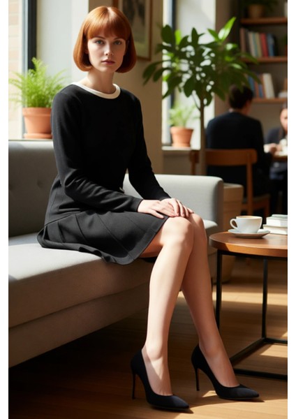 Kadın Siyah Renk Bloklu Bisiklet Yaka Uzun Kollu Skater Kalıp Süper Mini Triko Elbise Kaliteli fiyatları