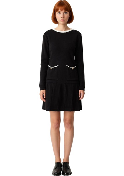 Kadın Siyah Renk Bloklu Bisiklet Yaka Uzun Kollu Skater Kalıp Süper Mini Triko Elbise Kaliteli modelleri