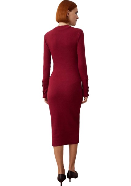Kadın Düğmeli Dik Yaka Uzun Kollu Midi Elbise Bodycon Kalıbıyla Vücuda Oturan Örme Dokusu Kaliteli modelleri