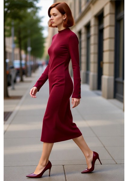 Kadın Düğmeli Dik Yaka Uzun Kollu Midi Elbise Bodycon Kalıbıyla Vücuda Oturan Örme Dokusu Kaliteli fırsatları