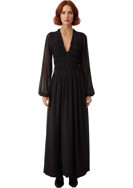 Kadın Maxi Şifon Elbise Siyah Büzgü Detaylı V Yaka Astarlı Skater Kalıp Uzun Kollu Şıklık Kış fiyatları