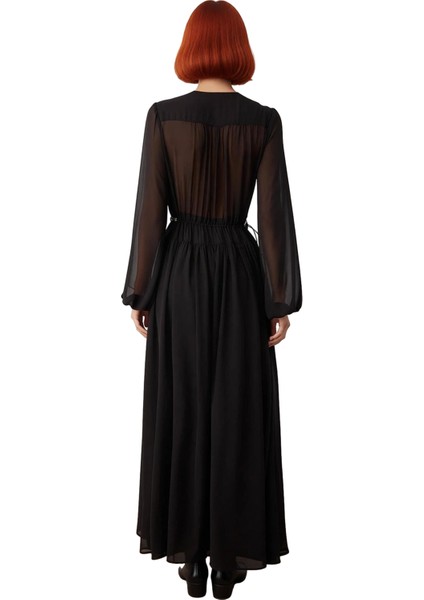 Kadın Maxi Şifon Elbise Siyah Büzgü Detaylı V Yaka Astarlı Skater Kalıp Uzun Kollu Şıklık Kış modelleri