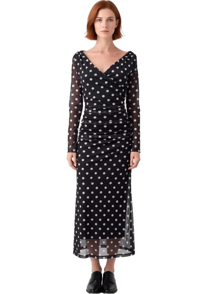 Kadın Puantiyeli Tül Örme Maxi Elbise Bodycon Kesimi V Yaka Uzun Kollu Şık Gece ve Gündüz Stili modelleri