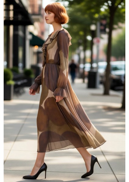 Kadınlar Için Kışlık Uzun Kollu Fırfırlı V Yaka Soyut Desenli Köpük Dokuma Maxi Elbise Stili.