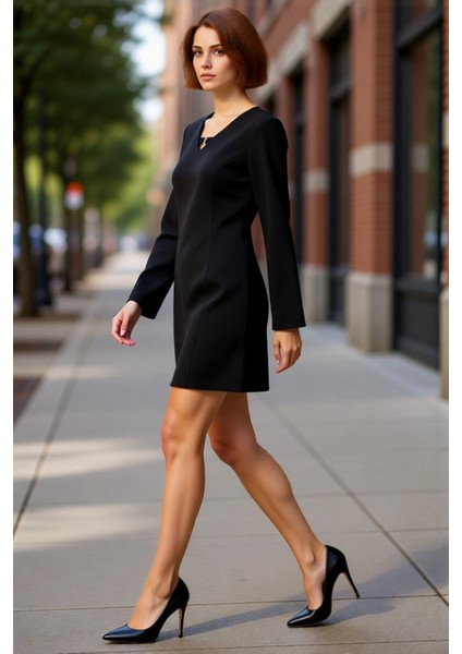 Kadın Shift Kalıp Aksesuar Detaylı V Yaka Düz Kesim Uzun Kollu Krep Kışlık Ofis Mini Elbise