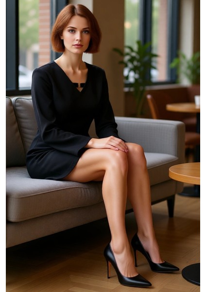 Kadın Shift Kalıp Aksesuar Detaylı V Yaka Düz Kesim Uzun Kollu Krep Kışlık Ofis Mini Elbise fiyatları