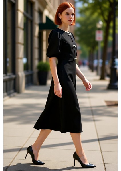 Kadın Skater Midi Bisiklet Yaka Balon Kol Fiyonklu Eteği Belden Açılan Şık Gece Kokteyl Elbisesi