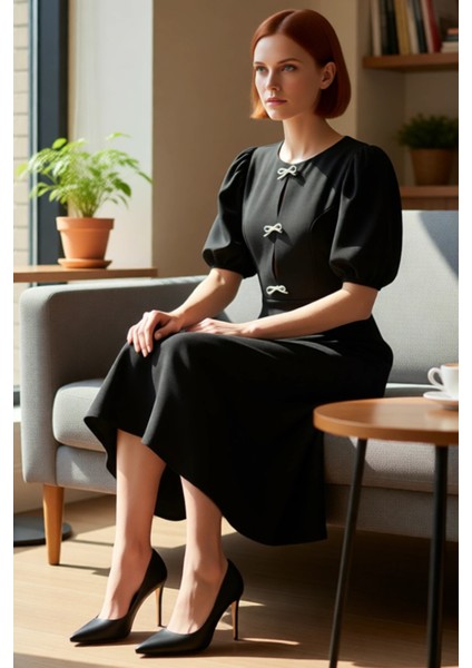 Kadın Skater Midi Bisiklet Yaka Balon Kol Fiyonklu Eteği Belden Açılan Şık Gece Kokteyl Elbisesi fiyatları