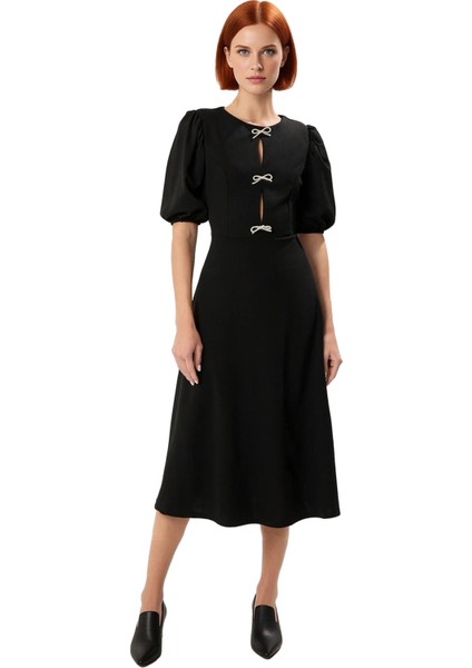 Kadın Skater Midi Bisiklet Yaka Balon Kol Fiyonklu Eteği Belden Açılan Şık Gece Kokteyl Elbisesi modelleri